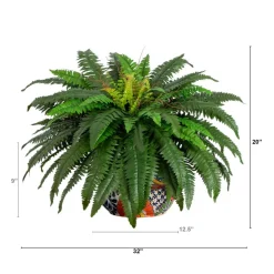 3.5ft Artificial Double Boston Fern in Handmade Mexican Talavera Ceramic Planter