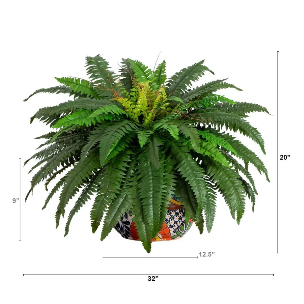 3.5ft Artificial Double Boston Fern in Handmade Mexican Talavera Ceramic Planter