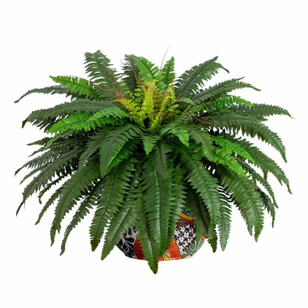 3.5ft Artificial Double Boston Fern in Handmade Mexican Talavera Ceramic Planter