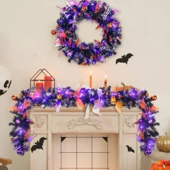 6 Ft Artificial Halloween Garland with LED Lights – Rustic Mixed Ball Hanging Vine String Light Decoration for Mantel, Fireplace, Window, Wall, Kitchen, Indoor & Outdoor Halloween Decor