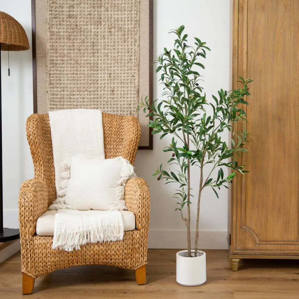 5ft. Artificial Minimalist Olive Tree in White Decorative Planter