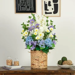 2.5ft. Artificial Mixed Flower & Hydrangea Arrangement in Hyacinth Weave Basket