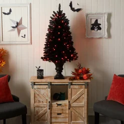 4ft. Black Artificial Halloween Tree in Urn, Orange LED Lights