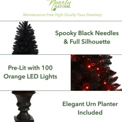 4ft. Black Artificial Halloween Tree in Urn, Orange LED Lights