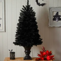 4ft. Black Artificial Halloween Tree in Urn, Orange LED Lights