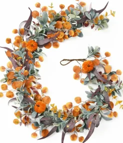 6FT Fall Eucalyptus Garland with Pumpkins & Berries, Artificial Autumn Garland for Mantel Fireplace Decor, Thanksgiving Harvest Table Decoration, Faux Greenery Vine for Door, Porch, Party & Home Fall Decorations