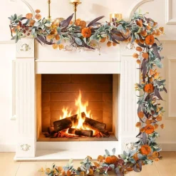 6FT Fall Eucalyptus Garland with Pumpkins & Berries, Artificial Autumn Garland for Mantel Fireplace Decor, Thanksgiving Harvest Table Decoration, Faux Greenery Vine for Door, Porch, Party & Home Fall Decorations