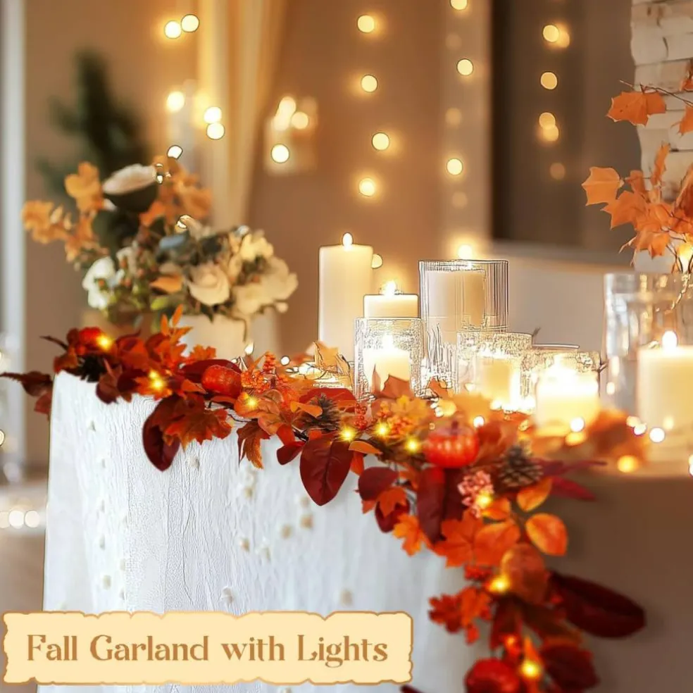 9ft Fall Garland with Lights and Timer for Mantle