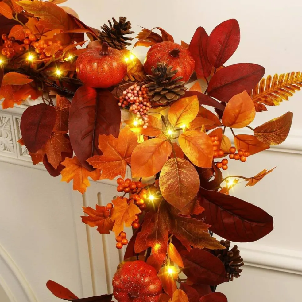 9ft Fall Garland with Lights and Timer for Mantle