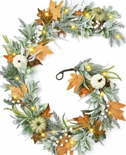 6 Ft Fall Garland with Lights, Autumn Lamb's Ear Pumpkin Leaf Garland Decoration, Lighted Fall Mantle Decor for Fireplace Table Centerpiece Outdoor Home Thanksgiving Party Decor