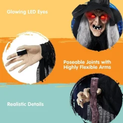 6 FT Halloween Animatronic Witch with Cane, Sound Activated Moving Witch Prop with Light-Up Eyes, Life Size Scary Halloween Decorations for Outdoor Yard Haunted House Party Indoor Decor