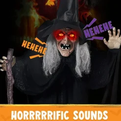 6 FT Halloween Animatronic Witch with Cane, Sound Activated Moving Witch Prop with Light-Up Eyes, Life Size Scary Halloween Decorations for Outdoor Yard Haunted House Party Indoor Decor