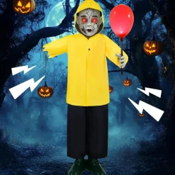 4FT Halloween Animatronic Zombie Boy Decoration with Glowing Red Eyes and Balloon, Sound and Motion Activated Scary Life Size Prop with Creepy Scream, Battery Operated Haunted House Decor for Yard, Lawn, Porch, Party and Indoor Outdoor Displays