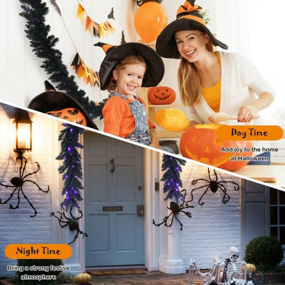 9 Ft Halloween Garland with 50 LED Lights and 210 PVC Branch Tips, Black
