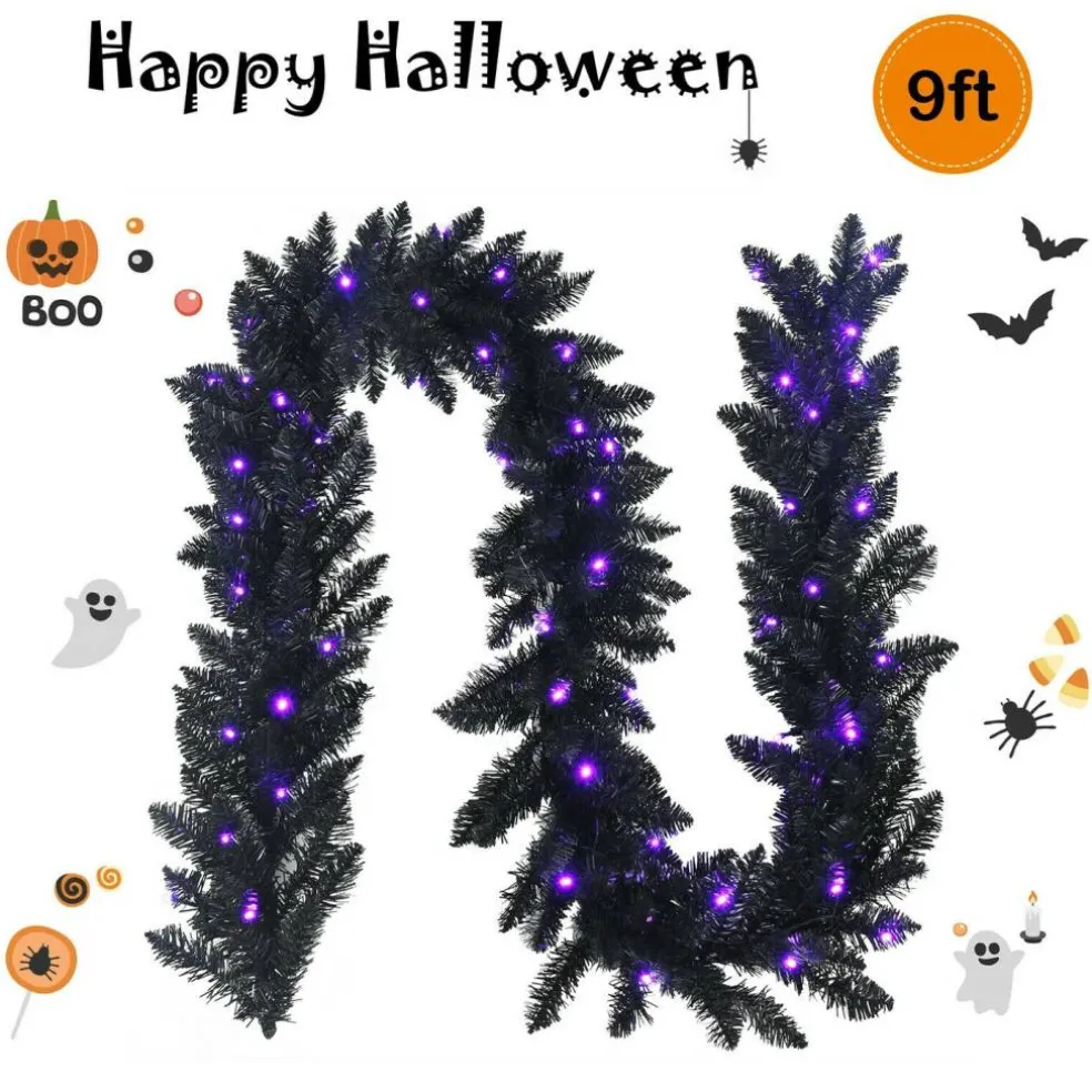 9 Ft Halloween Garland with 50 LED Lights and 210 PVC Branch Tips, Black