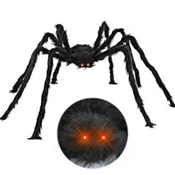 6.4ft Halloween Hairy Spider Outdoor Decorations,Light-up LED Eyes Scary Giant Spider Fake Large Spider Hairy Spider Props for Halloween Yard Decorations Party Outdoor and Outdoor Decor, Black