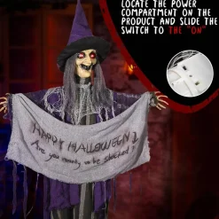 5 FT Halloween Hanging Witch Animatronic, 60 Inch Floating Witch with Banner, Sound & Touch Activated Scary Moving Witch, Light Up Red Eyes, Creepy Voice & Cackling, Indoor Outdoor Haunted House Decor