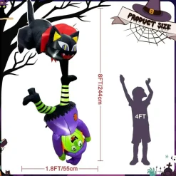 8FT Halloween Inflatable Black Cat & Witch Outdoor Decoration with LED Lights – Blow Up Yard Decor with Blower, Stakes & Tethers for Roof, Lawn, Garden, Party Halloween Display