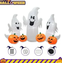 7FT Halloween Inflatable Ghosts & Pumpkins 3-Pack with LED Lights, Blow Up Yard Decoration Outdoor Indoor Lawn Garden Party Decor with Stakes & Ropes