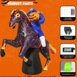 6FT Halloween Inflatable Headless Horseman on Horse with LED Lights, Blow Up Yard Decoration Outdoor Indoor Lawn Garden Party Decor with Stakes, Ropes & Built-in Blower