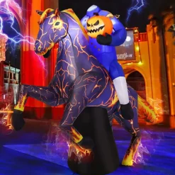 6FT Halloween Inflatable Headless Horseman on Horse with LED Lights, Blow Up Yard Decoration Outdoor Indoor Lawn Garden Party Decor with Stakes, Ropes & Built-in Blower