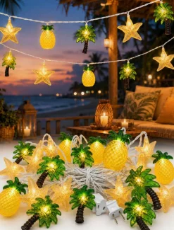 19Ft Hawaiian Beach String Lights Outdoor with 35 LED Starfish, Pineapple & Palm Tree Lights, Plug-in Tropical Party Decoration for Patio, Backyard, Garden, Window, Tiki Bar, Pool Party Decor