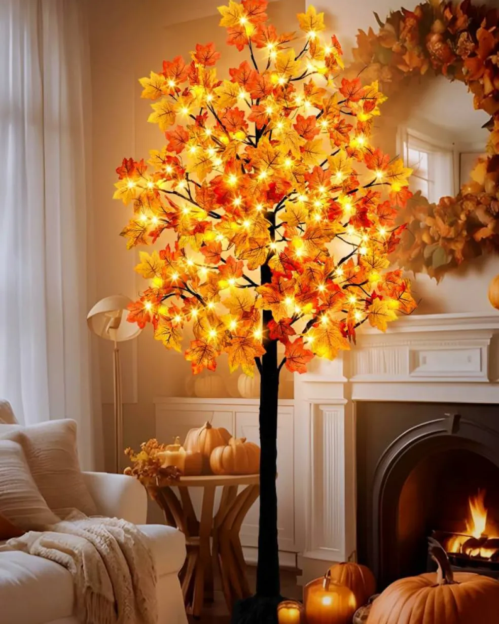 7FT Lighted Maple Tree Fall Decorations, 128 LED Artificial Autumn Tree with 256 Maple Leaves, 32 Acorns and Berry Bunches, 8 Lighting Modes, 3-Level Dimmable with Timer for Thanksgiving Indoor Outdoor Decor