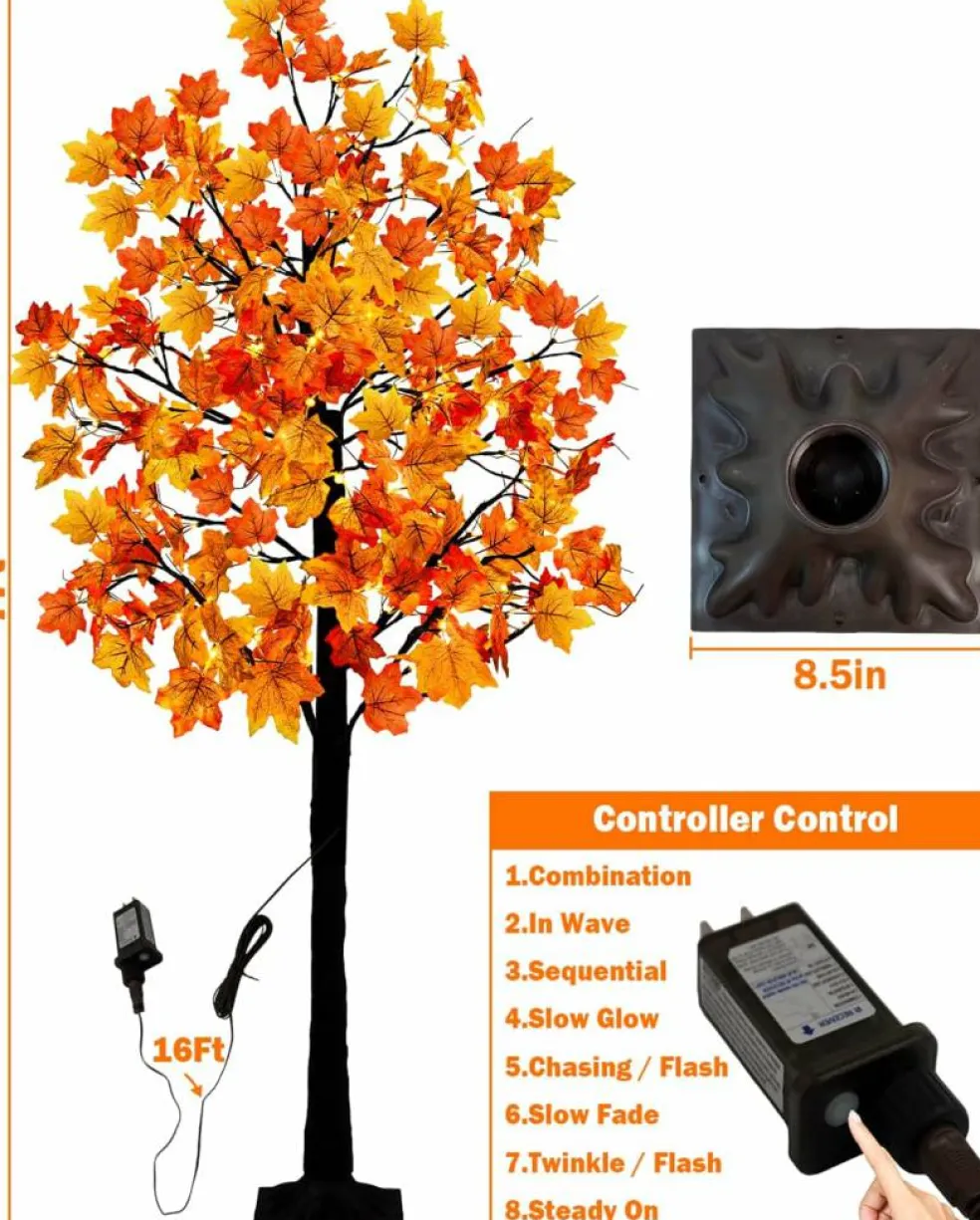 7FT Lighted Maple Tree Fall Decorations, 128 LED Artificial Autumn Tree with 256 Maple Leaves, 32 Acorns and Berry Bunches, 8 Lighting Modes, 3-Level Dimmable with Timer for Thanksgiving Indoor Outdoor Decor