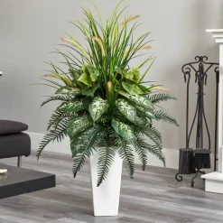 4ft. Mixed River Fern & Dogtail In White Tower Planter