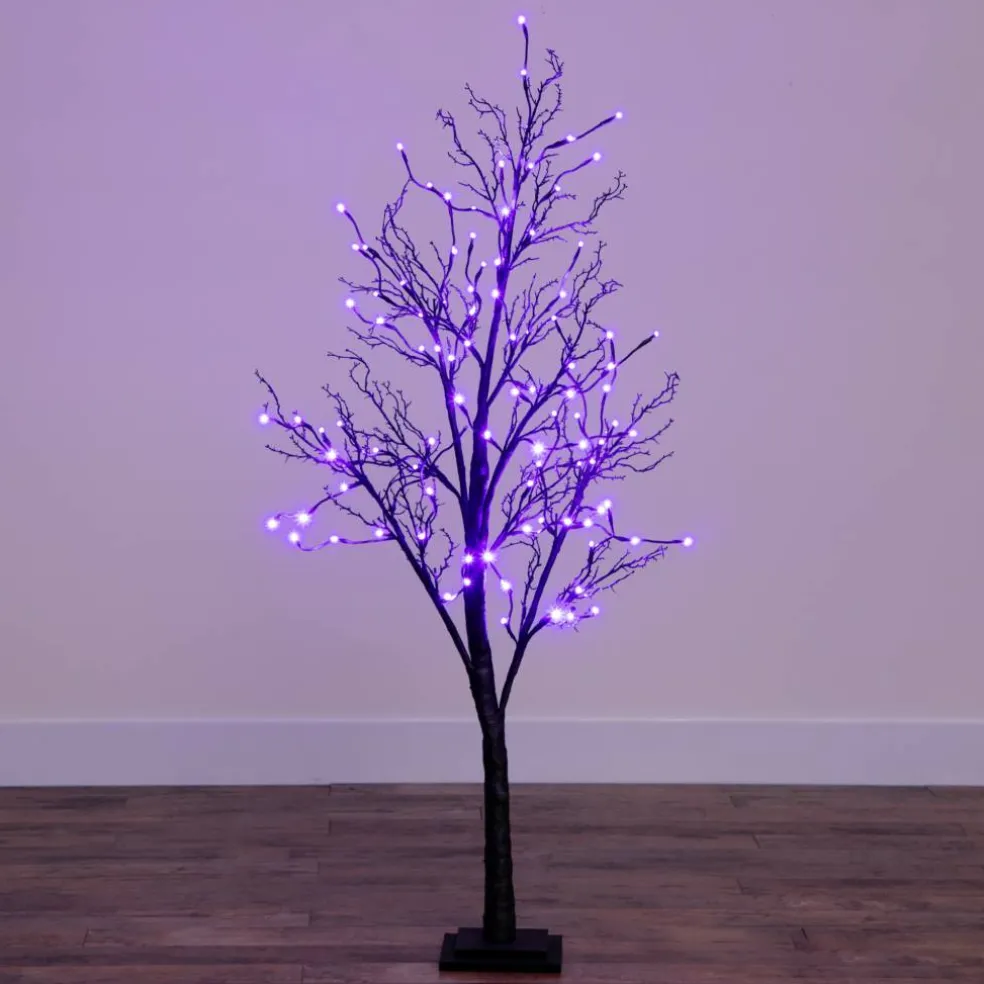 5ft. Orange & Purple LED Pre-Lit Halloween Deluxe Black Twig Artificial Fall Tree