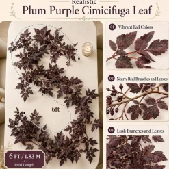 6FT Plum Cimicifuga Seeded Garland, Artificial Fall Leaf Garland with Faux Ramosa Branches, Purple Red Autumn Vine Decor for Mantel Fireplace Table Door Thanksgiving Halloween Wedding Home Decor