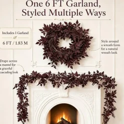 6FT Plum Cimicifuga Seeded Garland, Artificial Fall Leaf Garland with Faux Ramosa Branches, Purple Red Autumn Vine Decor for Mantel Fireplace Table Door Thanksgiving Halloween Wedding Home Decor