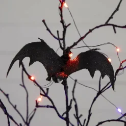 2ft. Pre-Lit Artificial Black Spooky Twig Tree with Bats and 40 Orange & Purple LED Lights
