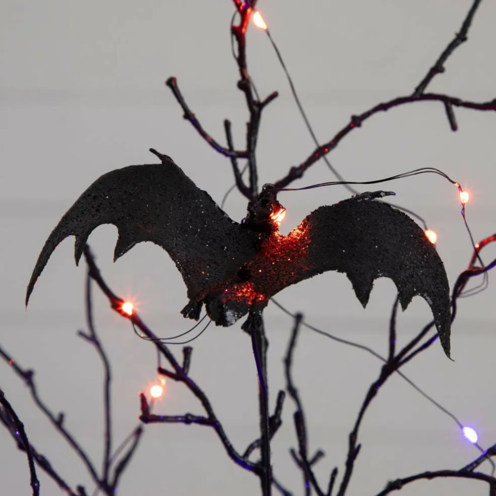 2ft. Pre-Lit Artificial Black Spooky Twig Tree with Bats and 40 Orange & Purple LED Lights