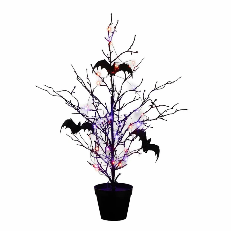 2ft. Pre-Lit Artificial Black Spooky Twig Tree with Bats and 40 Orange & Purple LED Lights