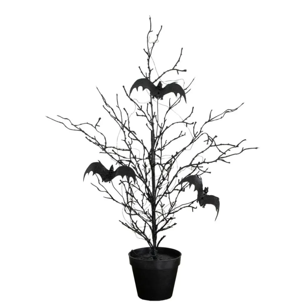 2ft. Pre-Lit Artificial Black Spooky Twig Tree with Bats and 40 Orange & Purple LED Lights