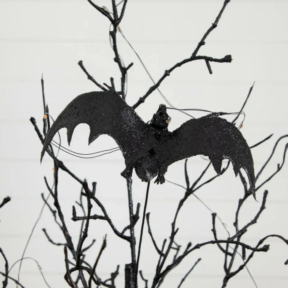 2ft. Pre-Lit Artificial Black Spooky Twig Tree with Bats and 40 Orange & Purple LED Lights