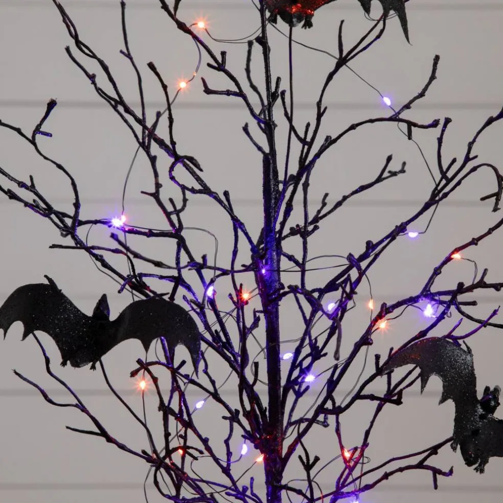 2ft. Pre-Lit Artificial Black Spooky Twig Tree with Bats and 40 Orange & Purple LED Lights