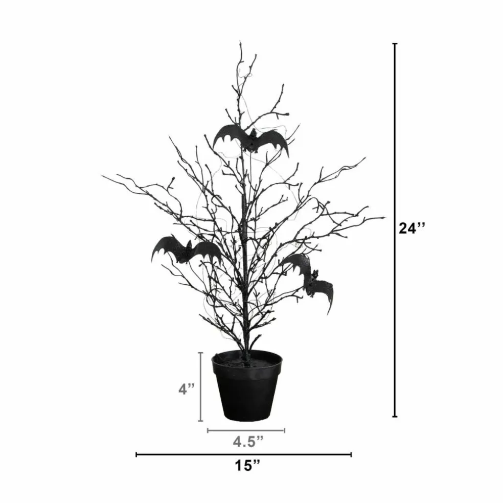 2ft. Pre-Lit Artificial Black Spooky Twig Tree with Bats and 40 Orange & Purple LED Lights