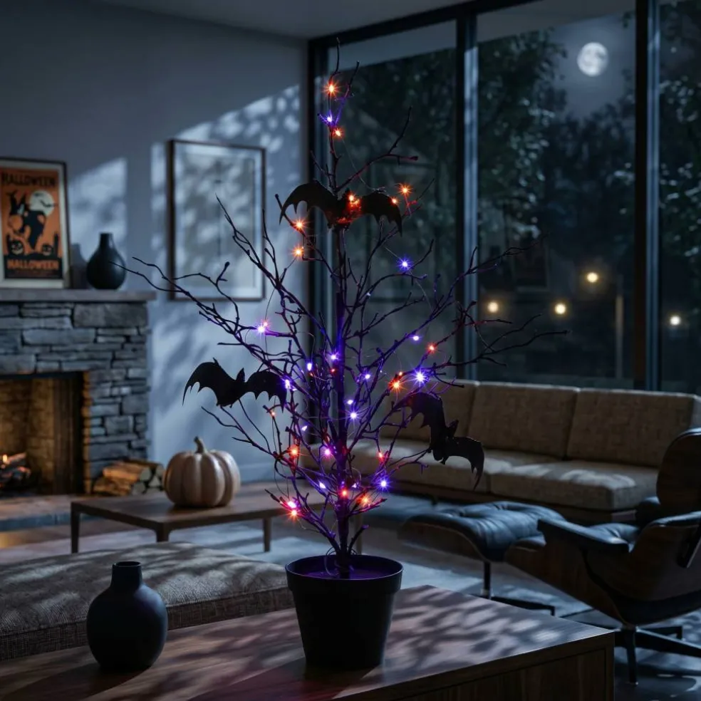 2ft. Pre-Lit Artificial Black Spooky Twig Tree with Bats and 40 Orange & Purple LED Lights