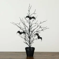 2ft. Pre-Lit Artificial Black Spooky Twig Tree with Bats and 40 Orange & Purple LED Lights