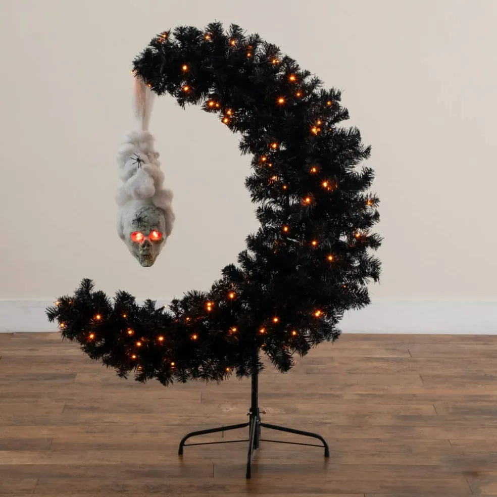 4ft. Pre-Lit Artificial Halloween Black Moon & Skull Tree with 250 Orange & Purple LED Lights