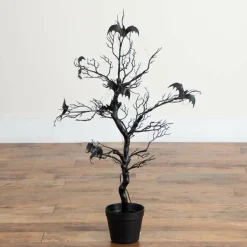 3ft. Pre-Lit Artificial Halloween Black Spooky Twig Tree with Bats and 100 Orange & Purple LED Lights