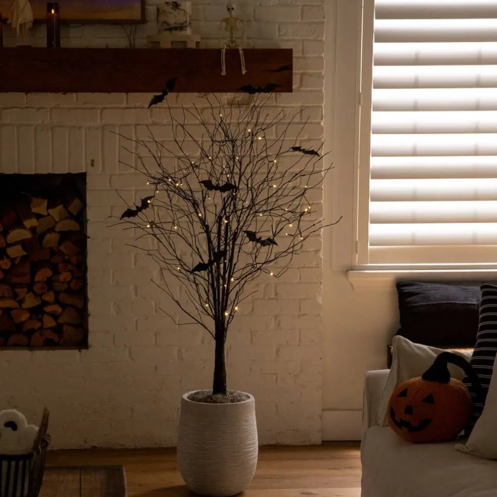 3ft. Pre-Lit Artificial Halloween Black Twig Tree with 18 Orange LED Pumpkin Shaped Lights