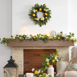 6ft Pre-Lit Lemon Garland with Greenery, Thin Spring Summer Garland for Mantle with Lights, Artificial Fruit Vine for Stairs Fireplace Table, Farmhouse Kitchen Home Wall Party Decor