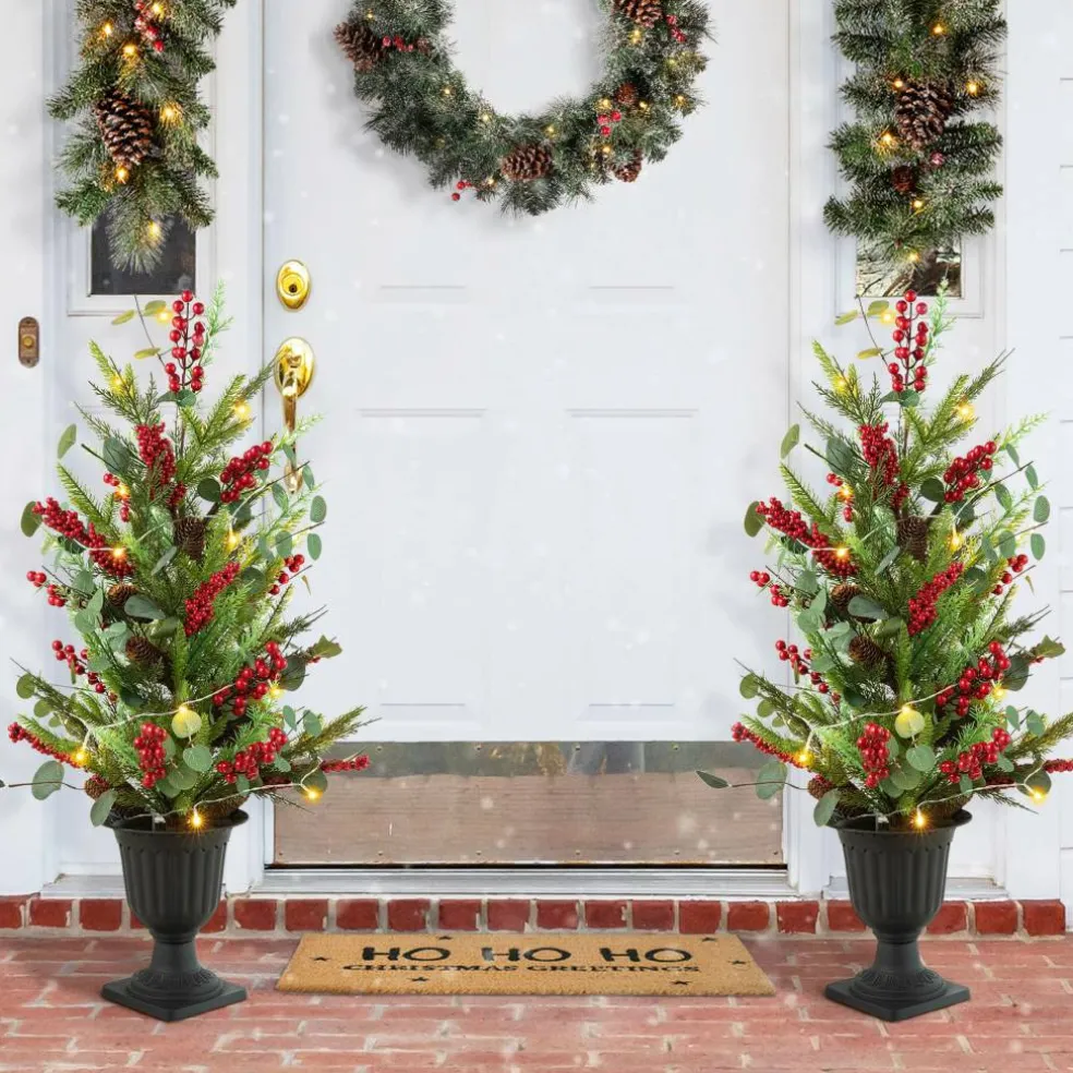 3ft. Pre-Lit Pine Needle & Eucalyptus Leaf Artificial Urn Christmas Porch Tree, Warm White LED Lights