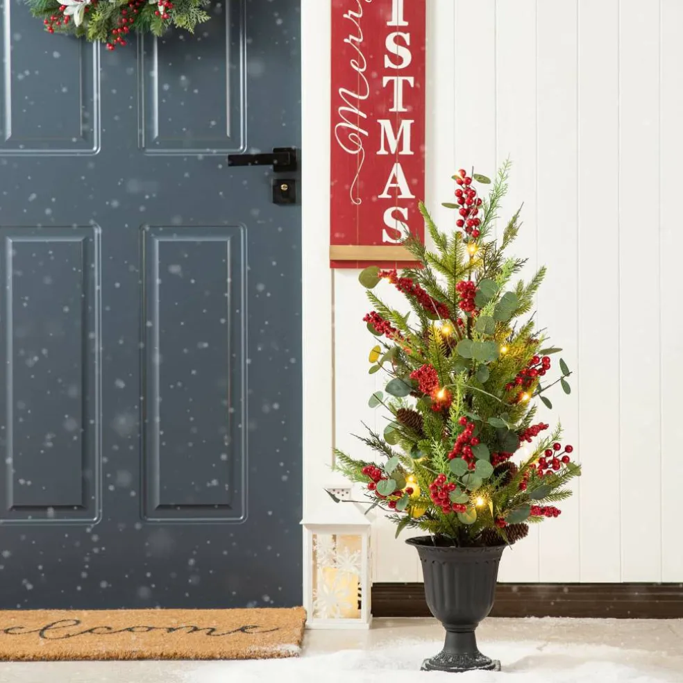 3ft. Pre-Lit Pine Needle & Eucalyptus Leaf Artificial Urn Christmas Porch Tree, Warm White LED Lights