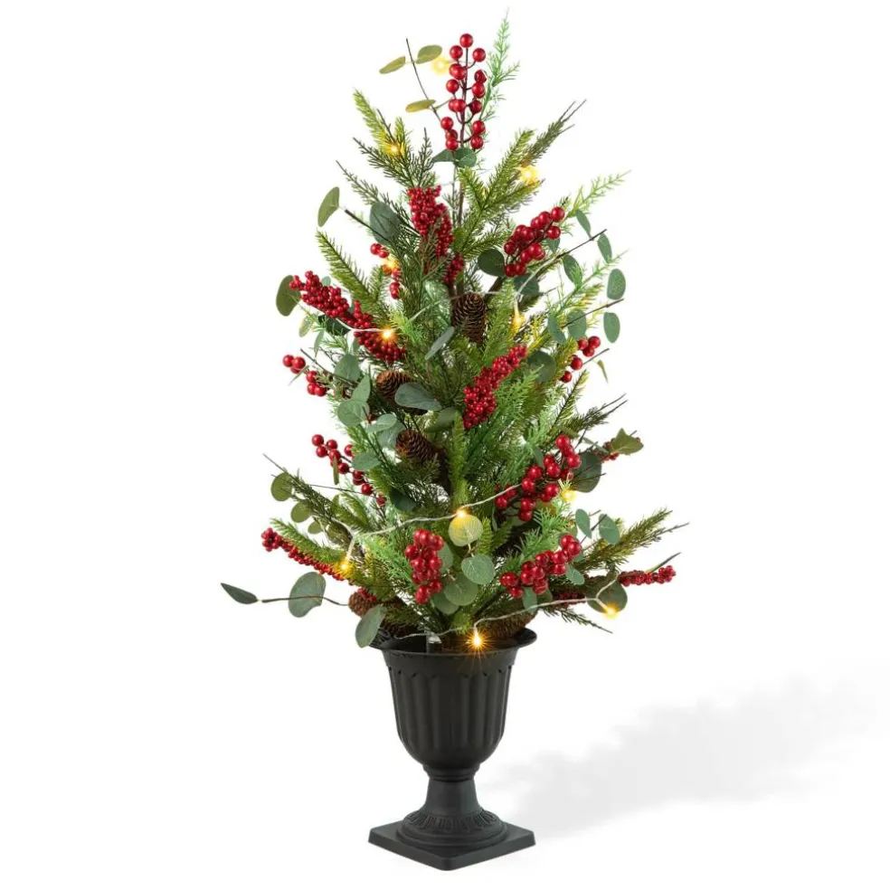 3ft. Pre-Lit Pine Needle & Eucalyptus Leaf Artificial Urn Christmas Porch Tree, Warm White LED Lights