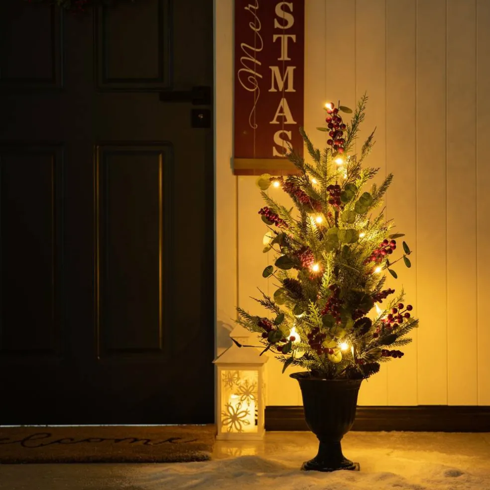 3ft. Pre-Lit Pine Needle & Eucalyptus Leaf Artificial Urn Christmas Porch Tree, Warm White LED Lights