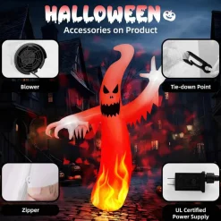 8FT Tall Halloween Inflatable Ghost with LED Lights & Red Disco Light, Blow Up Yard Decoration Outdoor Lawn Garden Party Decor with Built-in Blower, Stakes & Ropes